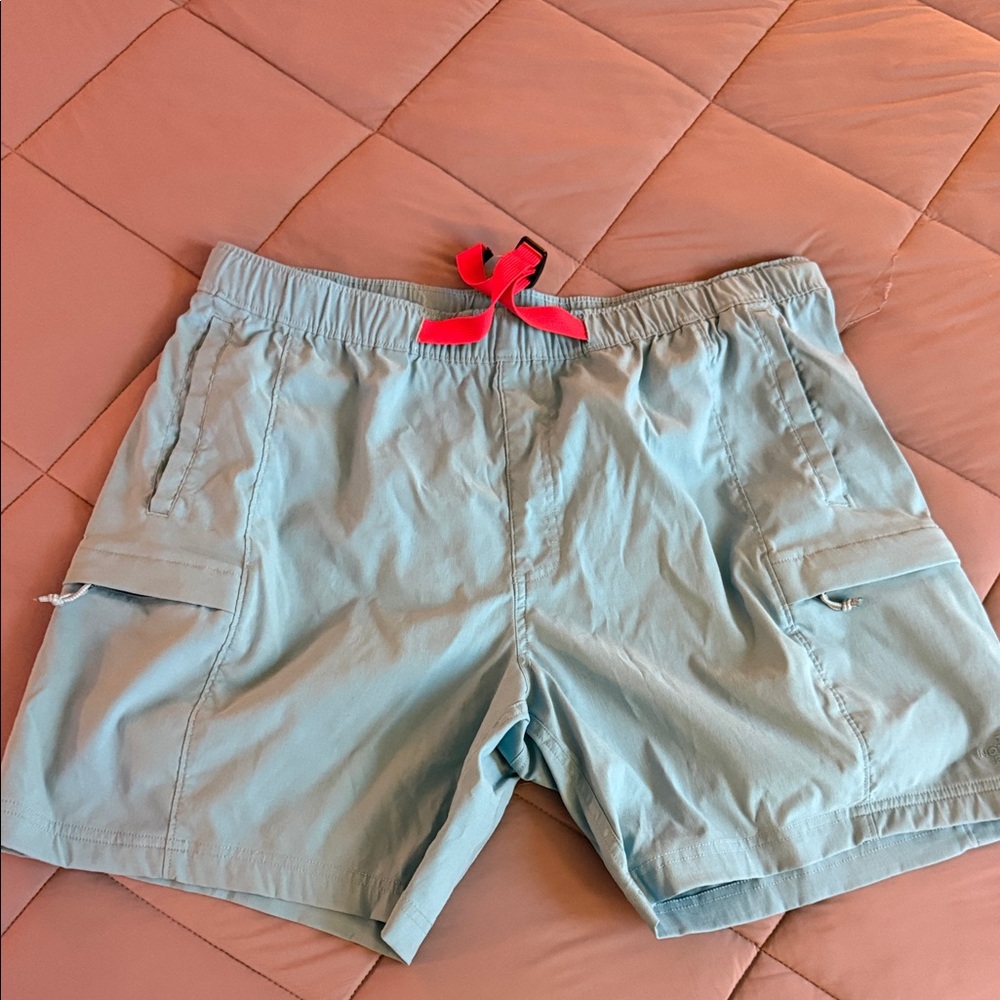 The North Face Light Blue Cargo Shorts with Red Accents